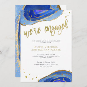 Watercolor Blue Geode with Gold   Engagement Party Invitation