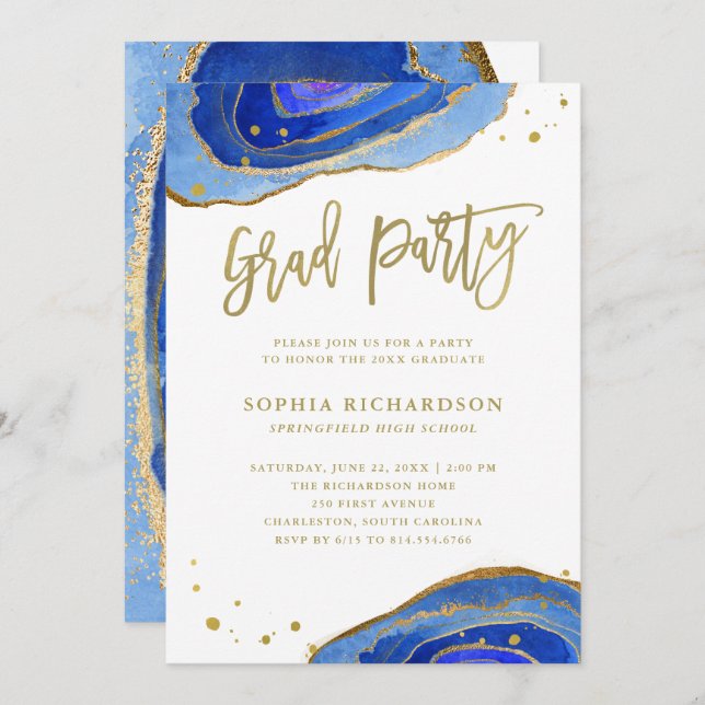 Watercolor Blue Geode with Gold Graduation Party Invitation (Front/Back)