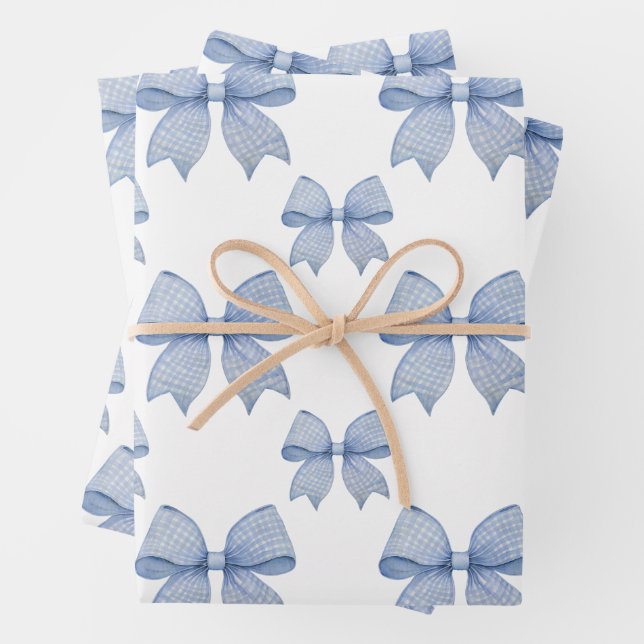 Watercolor Blue Gingham Bow Wrapping Paper Sheet (In situ)