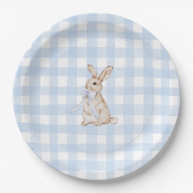 Watercolor Blue Gingham Bunny Paper Plate (Front)