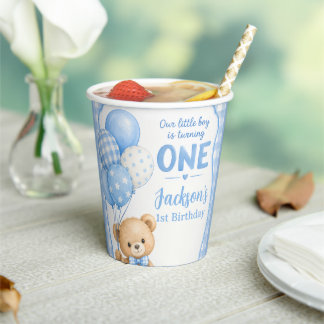 Watercolor Blue Gingham Little Bear 1st Birthday Paper Cups