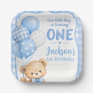 Watercolor Blue Gingham Little Bear 1st Birthday Paper Plate