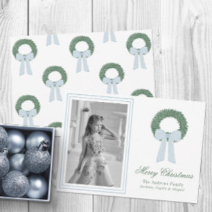 Watercolor Blue Gingham Sash Wreath Photo Holiday Card
