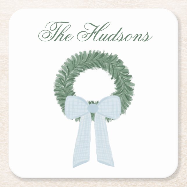 Watercolor Blue Gingham Sash Wreath Square Paper Coaster (Front)