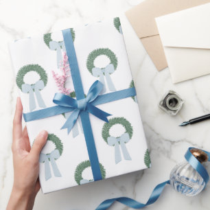 Watercolor Blue Gingham Sash Wreath Wrapping Paper