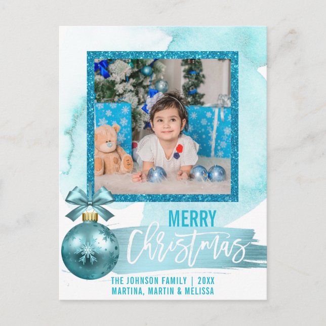 Watercolor Blue Glitter Foil Christmas | PHOTO Postcard (Front)
