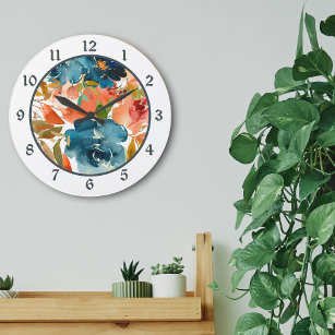 Watercolor Blue, Gold, and Coral Orange Floral Large Clock
