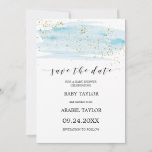 Watercolor Blue & Gold Baby Shower Save the Date Invitation