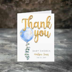 Watercolor Blue & Gold Balloon Eucalyptus Greenery Thank You Card