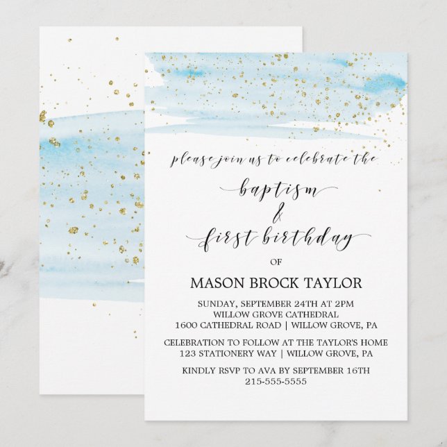 Watercolor Blue & Gold Baptism & 1st Birthday Invitation (Front/Back)