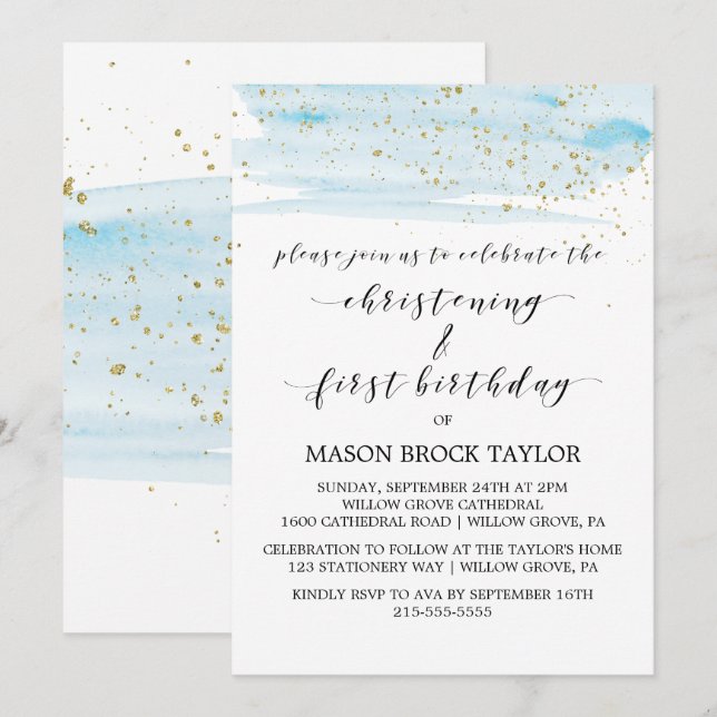 Watercolor Blue & Gold Christening & 1st Birthday Invitation (Front/Back)