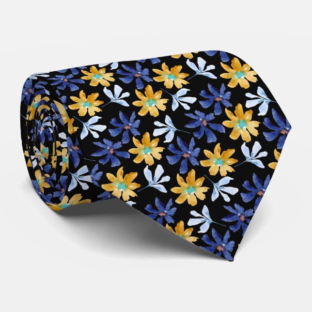 Watercolor Blue Gold Flower Botanical Tie (Rolled)