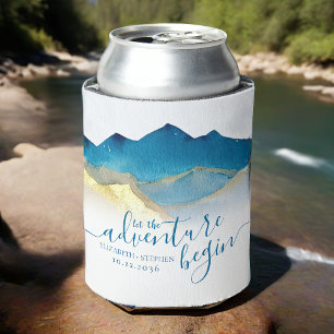 Watercolor Blue Gold Foil Mountain Outdoor Wedding Can Cooler