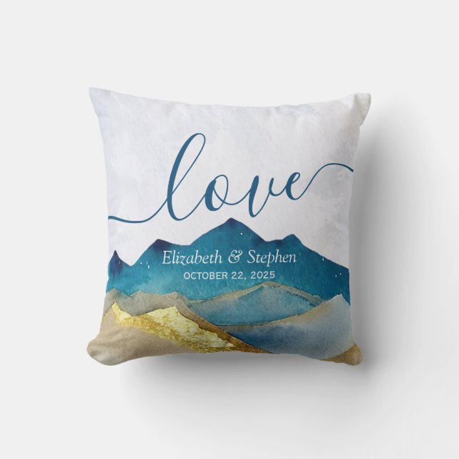 Watercolor Blue Gold Foil Mountain Outdoor Wedding Cushion (Front)