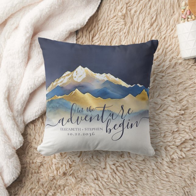 Watercolor Blue Gold Foil Mountain Outdoor Wedding Cushion (Blanket)