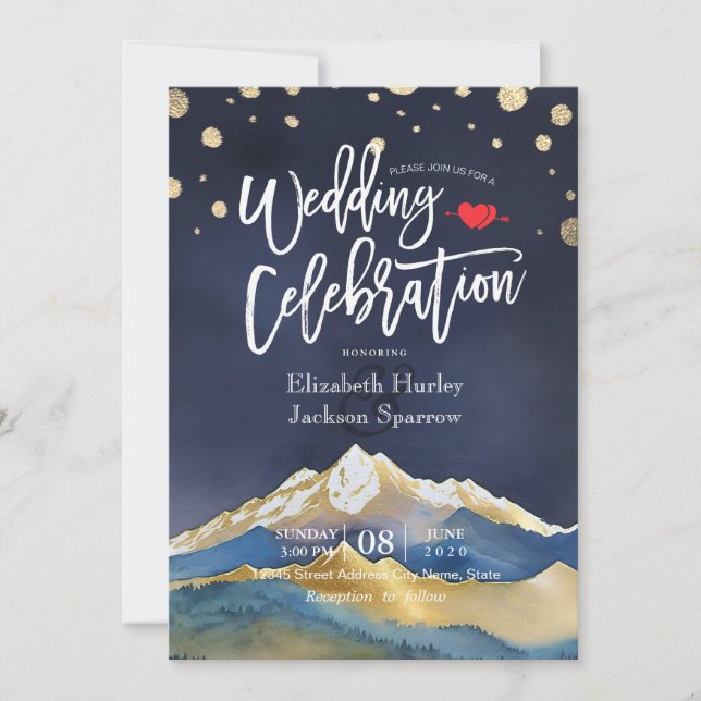 Watercolor Blue Gold Foil Mountain Outdoor Wedding Invitation (Front)