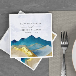 Watercolor Blue Gold Foil Mountain Outdoor Wedding Napkin