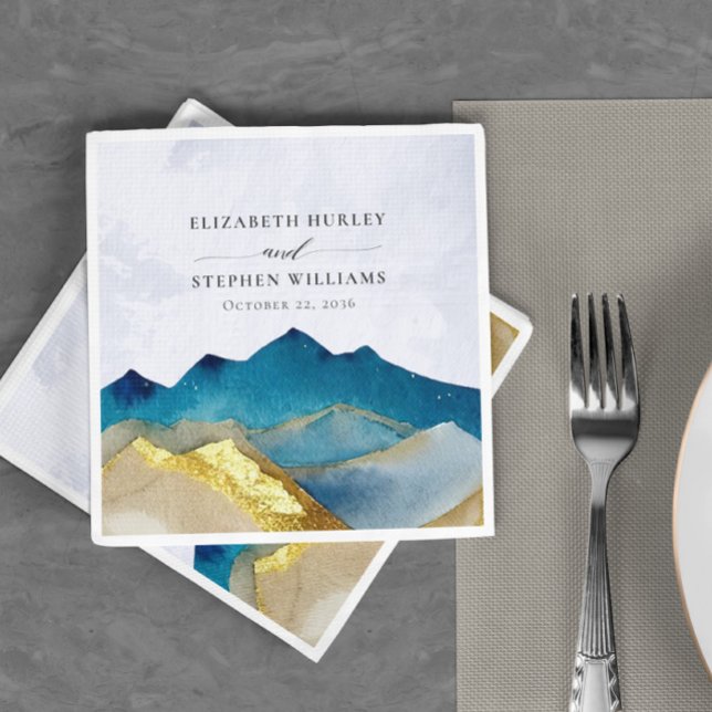 Watercolor Blue Gold Foil Mountain Outdoor Wedding Napkin (Creator Uploaded)