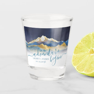 Watercolor Blue Gold Foil Mountain Outdoor Wedding Shot Glass