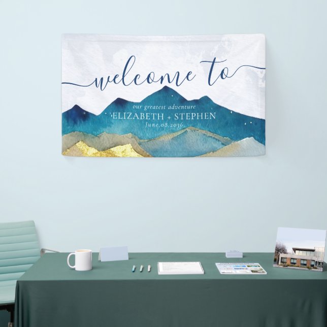 Watercolor Blue Gold Foil Mountain Wedding Welcome Banner (Tradeshow)