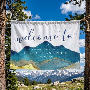 Watercolor Blue Gold Foil Mountain Wedding Welcome Banner