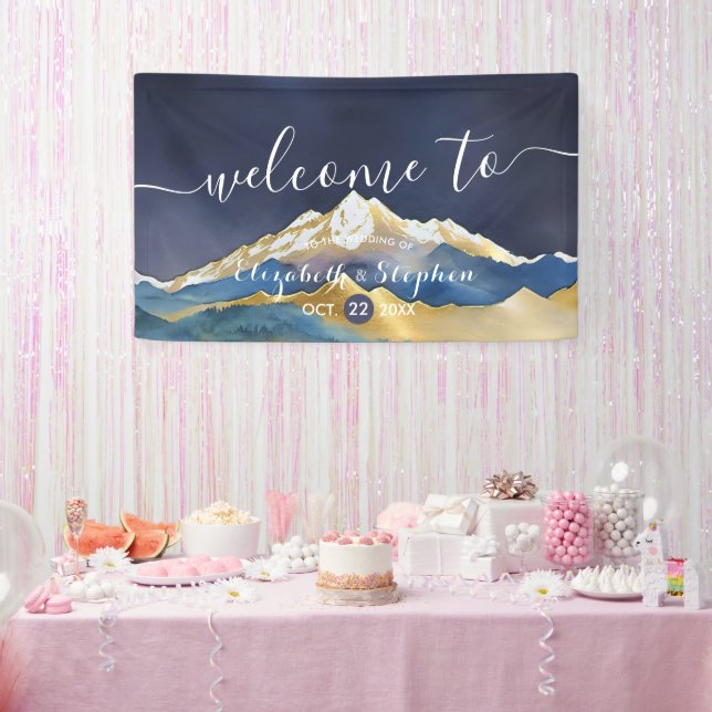 Watercolor Blue Gold Foil Mountain Wedding Welcome Banner (Party)
