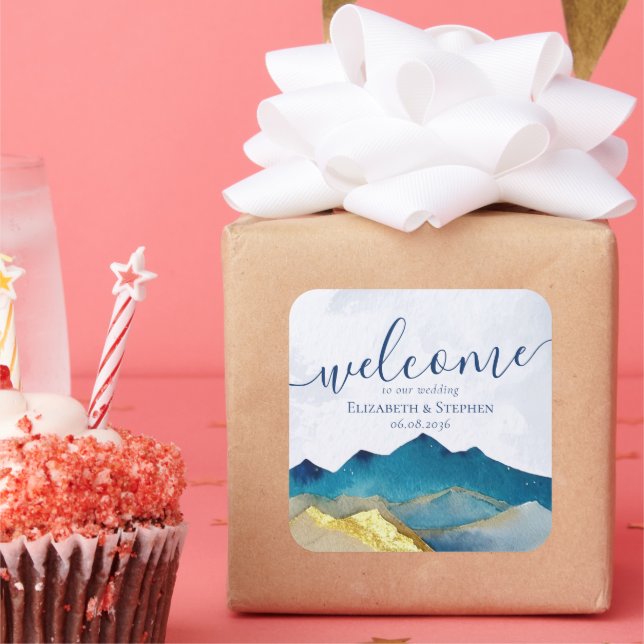 Watercolor Blue Gold Foil Mountain Wedding Welcome Square Sticker (Party)