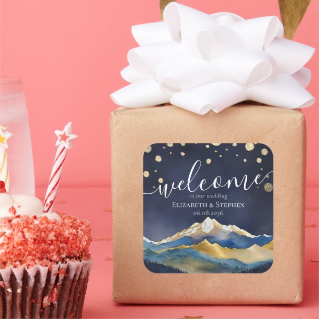 Watercolor Blue Gold Foil Mountain Wedding Welcome Square Sticker (Party)