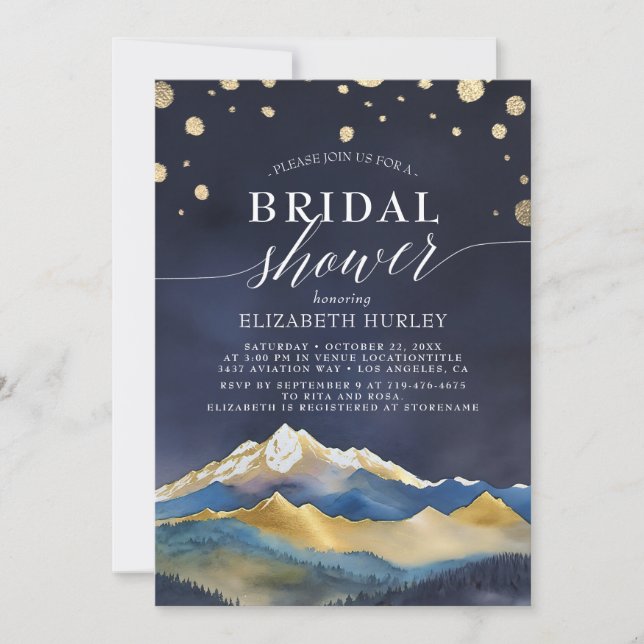 Watercolor Blue Gold Foil Mountains Bridal Shower  Invitation (Front)