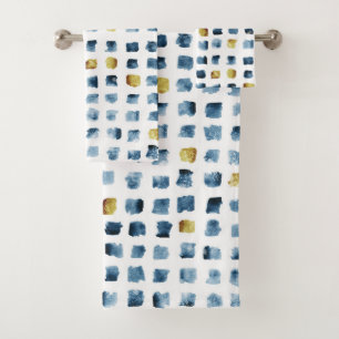 Watercolor Blue Gold Geometrical Squares Pattern Bath Towel Set
