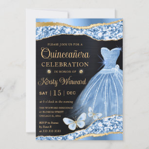 Watercolor Blue & Gold Glitter Dress Quinceanera Invitation