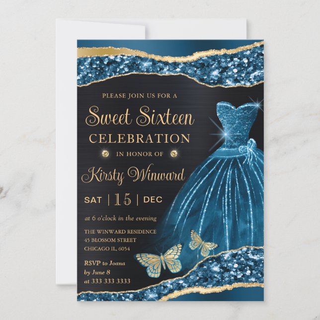 Watercolor Blue & Gold Glitter Dress Sweet Sixteen Invitation (Front)