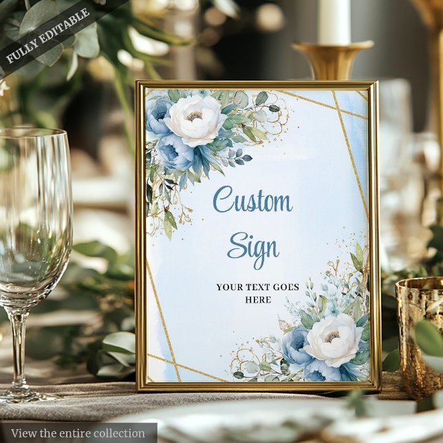 Watercolor Blue Gold Glitter Greenery Wedding Sign (Watercolor Blue Gold Glitter Greenery Wedding Sign)