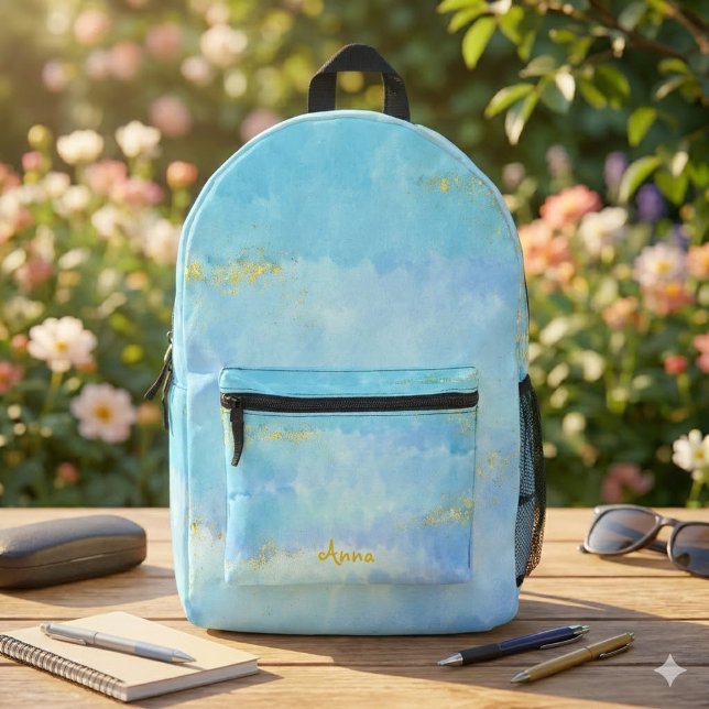 Watercolor blue & gold glitter printed backpack (Rucksack im Himmelblauen Wasserfarben-Design und Goldglitter Effekt. Personalisierbar mit Name.)