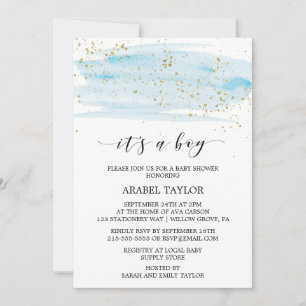 Watercolor Blue & Gold It's A Boy Baby Shower Host Invitation