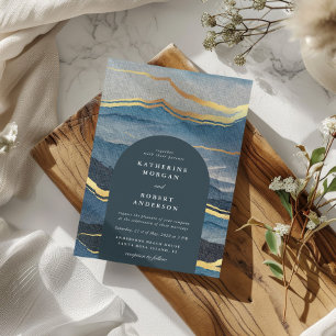 watercolor blue gold landscape wedding invitation