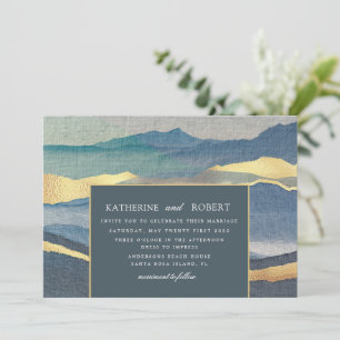 watercolor blue gold landscape wedding invite
