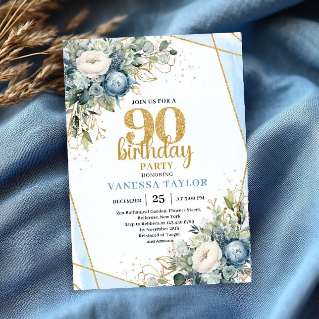 Watercolor Blue Gold Luxe 90th Birthday Invitation (Watercolor Blue Gold Luxe 90th Birthday Invitation)