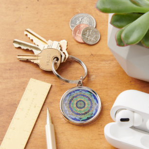 Watercolor Blue Gold Mandala  Key Ring