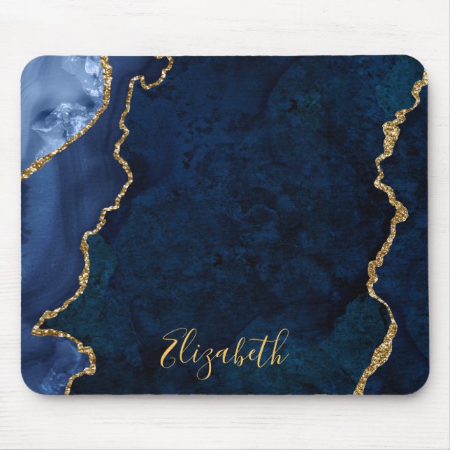 Watercolor Blue Gold Marble Agate Geode Mouse Mat (Front)
