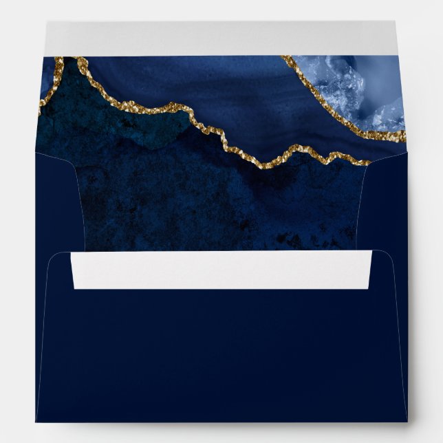 Watercolor Blue Gold Marble Agate Geode Wedding Envelope (Back (Bottom))