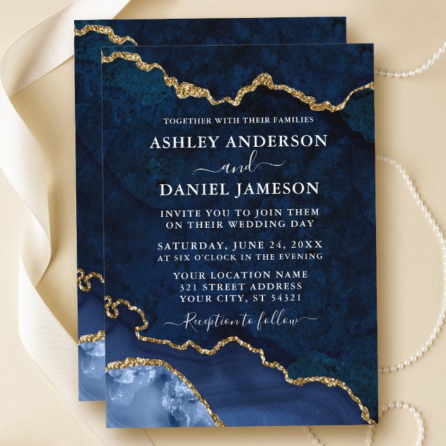 Watercolor Blue Gold Marble Agate Geode Wedding Invitation (Customize to change text size or text style.)