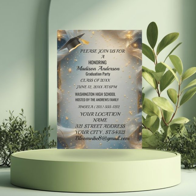 Watercolor Blue Gold Marble Agate Graduation Party Card (Creator Uploaded)
