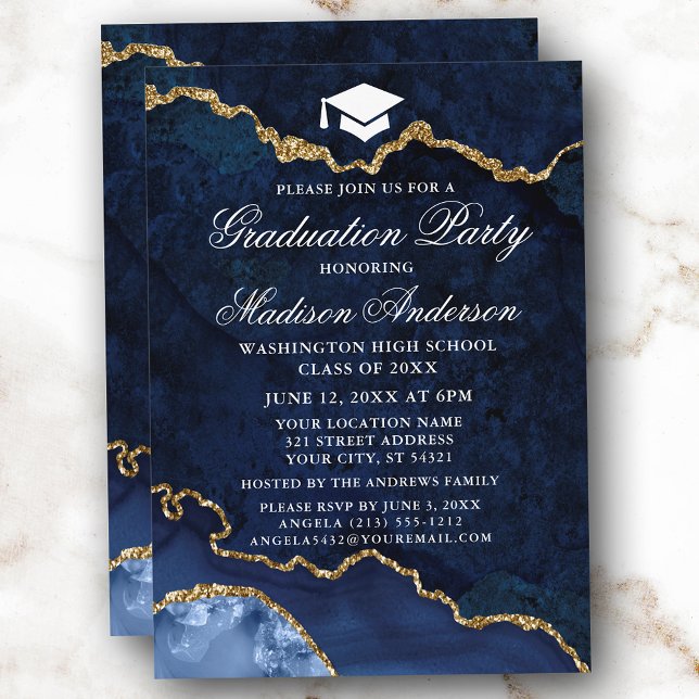 Watercolor Blue Gold Marble Agate Graduation Party Invitation (Customize to change text size, style or to add more text or photos to back of card.)
