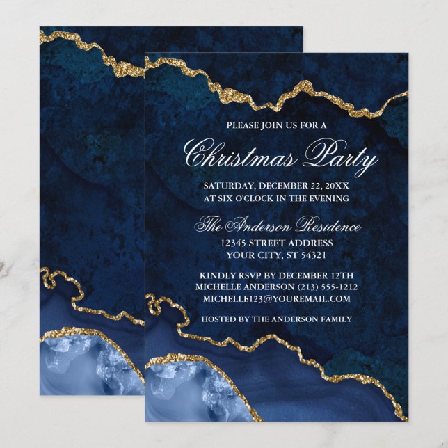 Watercolor Blue Gold Marble Geode Christmas Party Invitation (Front/Back)