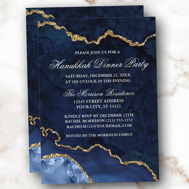 Watercolor Blue Gold Marble Geode Hanukkah Dinner Invitation (Customize to change text size, text style or to add more text to back of card.)
