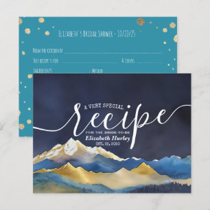 Watercolor Blue Gold Mountain Bridal Shower Recipe Invitation Postcard