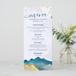 Watercolor Blue Gold Mountain Outdoor Wedding Menu