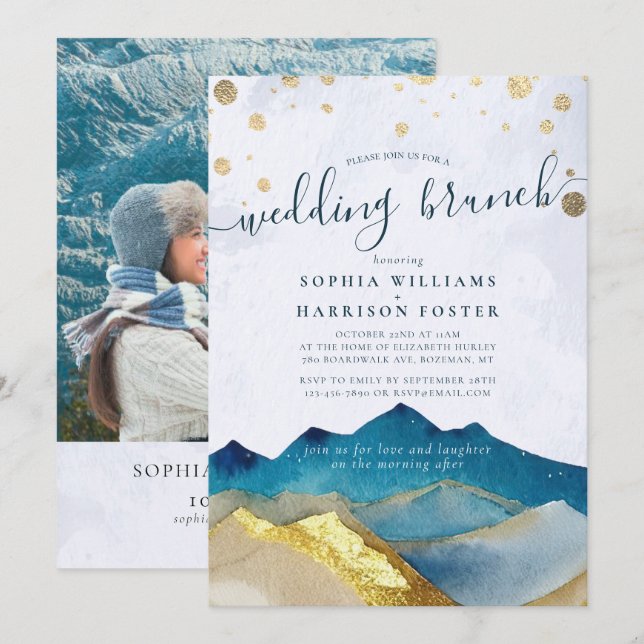 Watercolor Blue Gold Mountain Photo Wedding Brunch Invitation (Front/Back)
