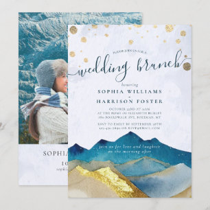 Watercolor Blue Gold Mountain Photo Wedding Brunch Invitation